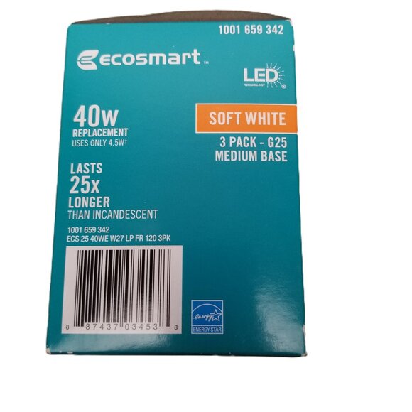 Ecosmart 40W LED G25 Globe Soft White 3 Pack Dimmable Energy Star Medium Base - Picture 7 of 7